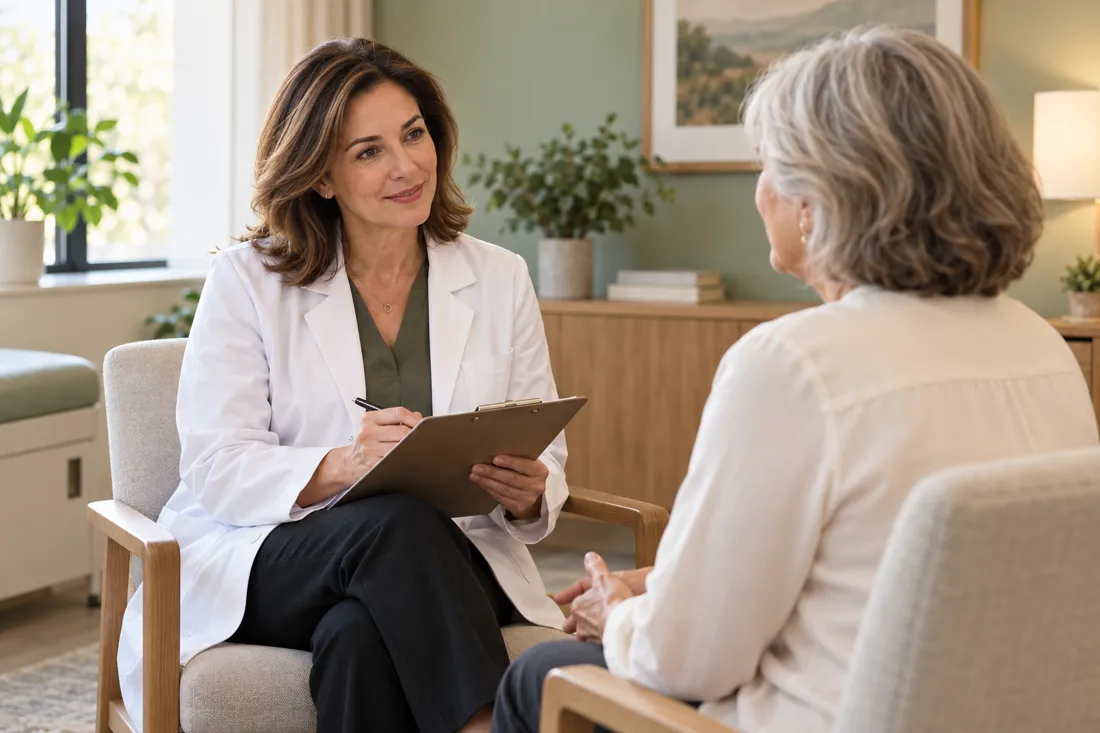 Illustrative female healthcare professional discussing wellness with an older woman